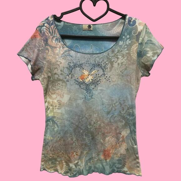 Blue and white Y2K short sleeve top with heart and flower design white orchid - Picture 1 of 8